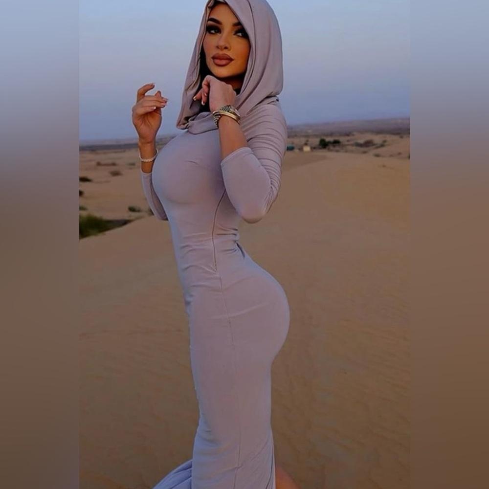 Black hooded bodycon dress long sleeve sexy maxi slit wasteland apocalypse goth - Picture 8 of 10